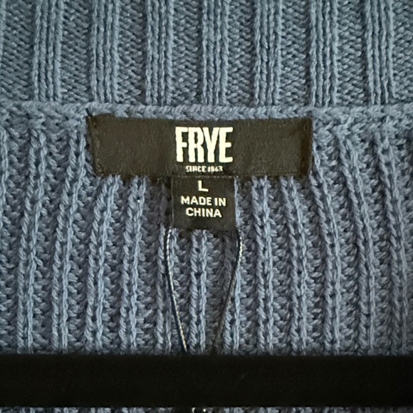 Frye Blue Cardigan with White Geometric Design, Fringe Sleeves NWT! - Picture 2 of 6